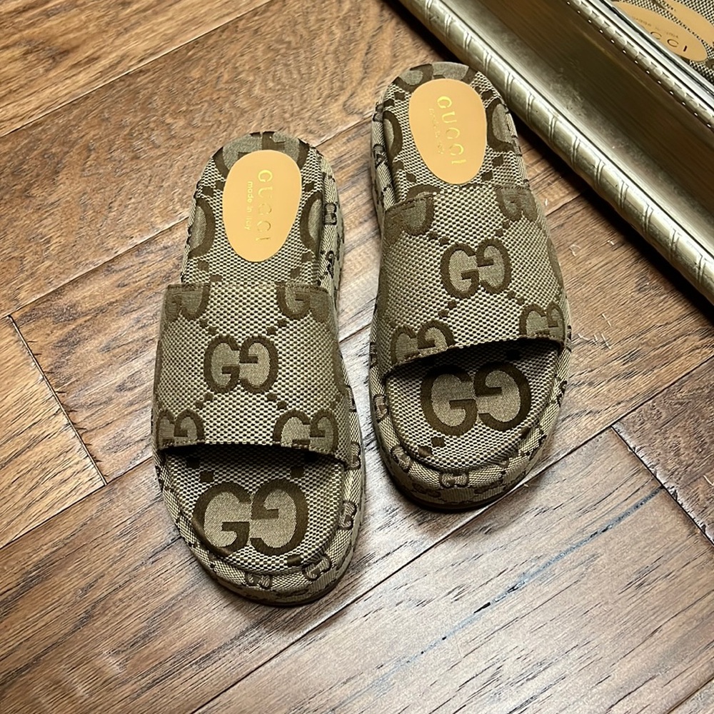 Gucci Tan GG Logo Slide Sandals